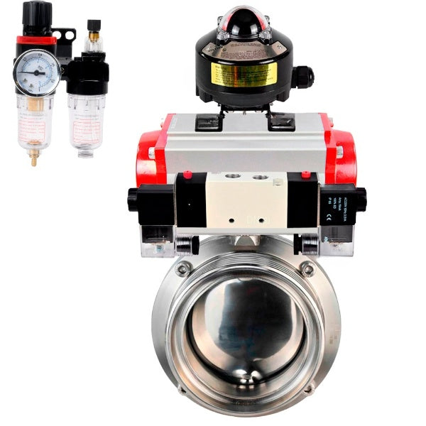 Water Butterfly valves Elephant WBV3131E-2W-T-H, body material - stainless steel AISI 304, seal - EPDM, with pneumatic actuator PA-DA-052 double action, 4V320-10 220V, LSU APL-510N EX, ATU AFC2000