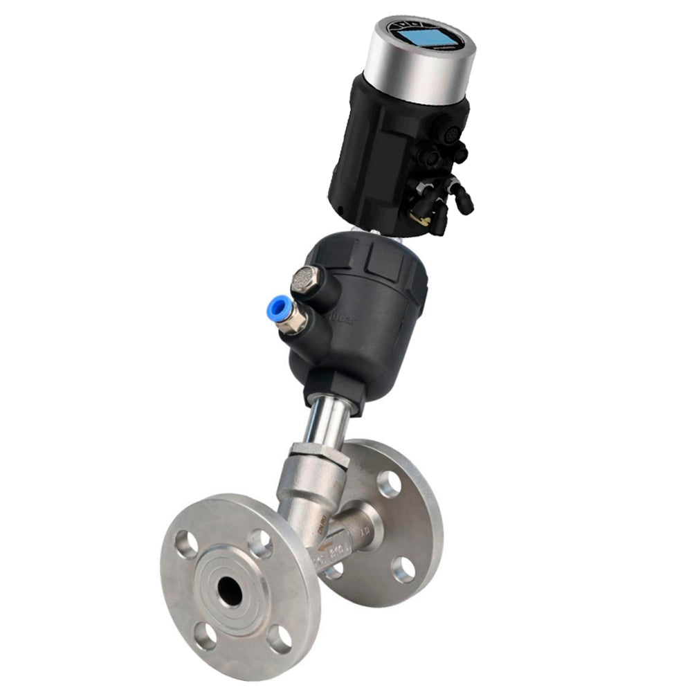 Pneumatic shut-off valves Elephant VSP324PV-F-1PNC, body - stainless steel SS316, flanged, Y-shaped, with electropneumatic intelligent positioner EIP-1600 (stroke 5-25mm)