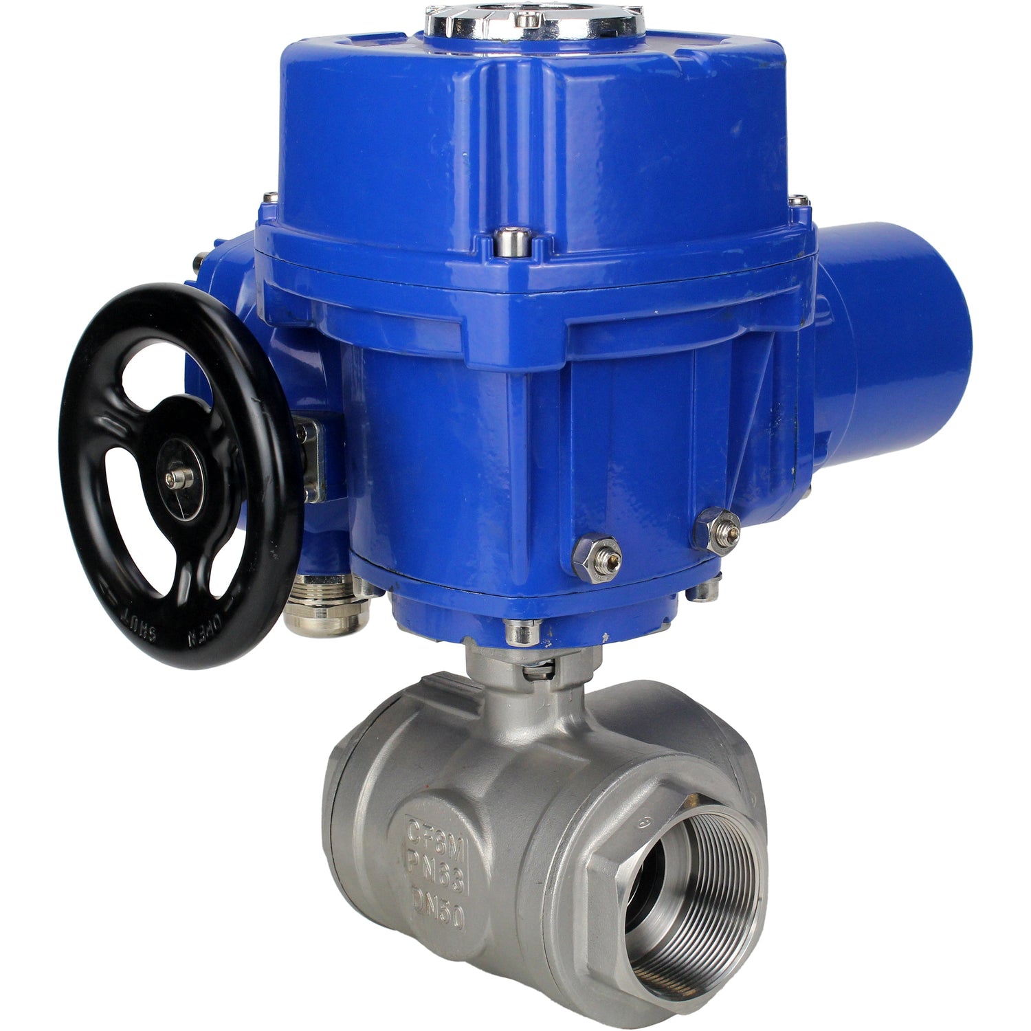 Stainless steel ball valve Elephant RP.SS316.200.MM.ISO 63 bar threaded, standard port, three way, L-type, body material - stainless steel AISI 316, with quater-turn electric actuator Elephant QT-W (M) 380V