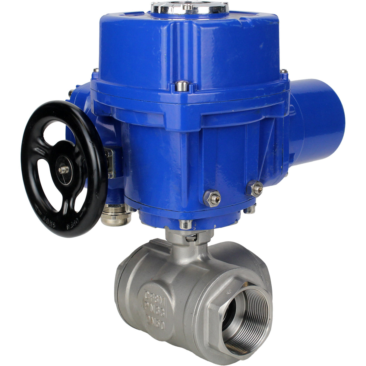 Stainless steel ball valve Elephant RP.SS316.200.MM.ISO 63 bar threaded, standard port, three way, L-type, body material - stainless steel AISI 316, with quater-turn electric actuator Elephant QT-W (M) 220V