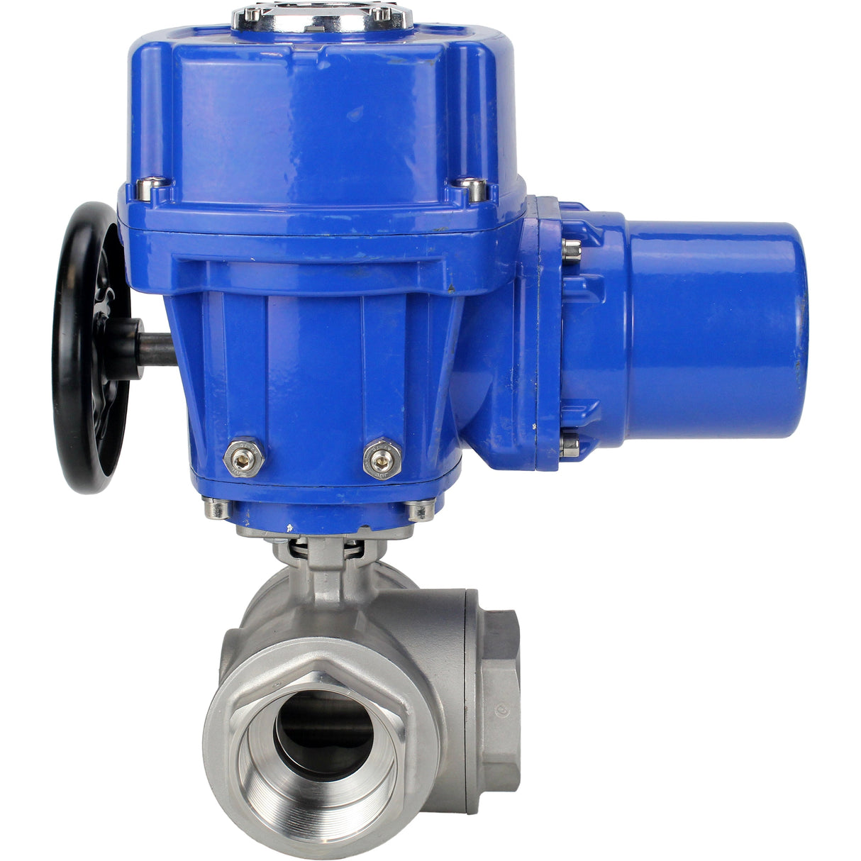 Stainless steel ball valve Elephant RP.SS316.200.MM.ISO 63 bar threaded, standard port, three way, L-type, body material - stainless steel AISI 316, with quater-turn electric actuator Elephant QT-W (M) 380V