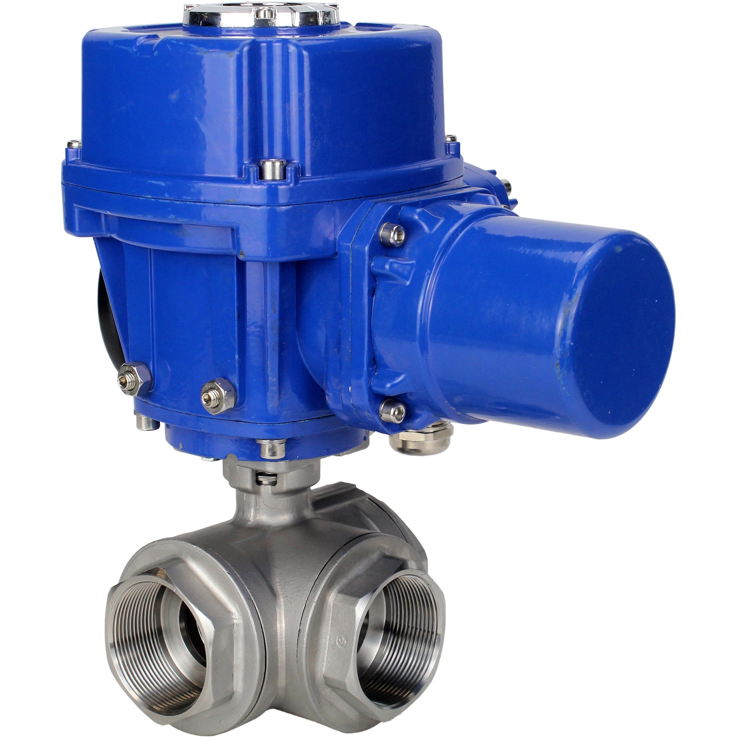 Stainless steel ball valve Elephant RP.SS316.200.MM.ISO 63 bar threaded, standard port, three way, L-type, body material - stainless steel AISI 316, with quater-turn electric actuator Elephant QT-W (M) 220V