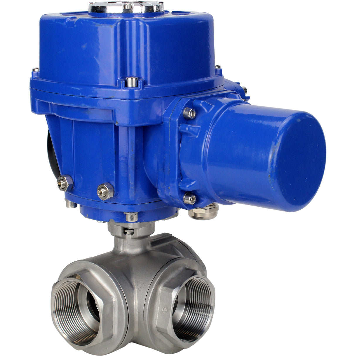 Stainless steel ball valve Elephant RP.SS316.200.MM.ISO 63 bar threaded, standard port, three way, L-type, body material - stainless steel AISI 316, with quater-turn electric actuator Elephant QT-W (M) 380V