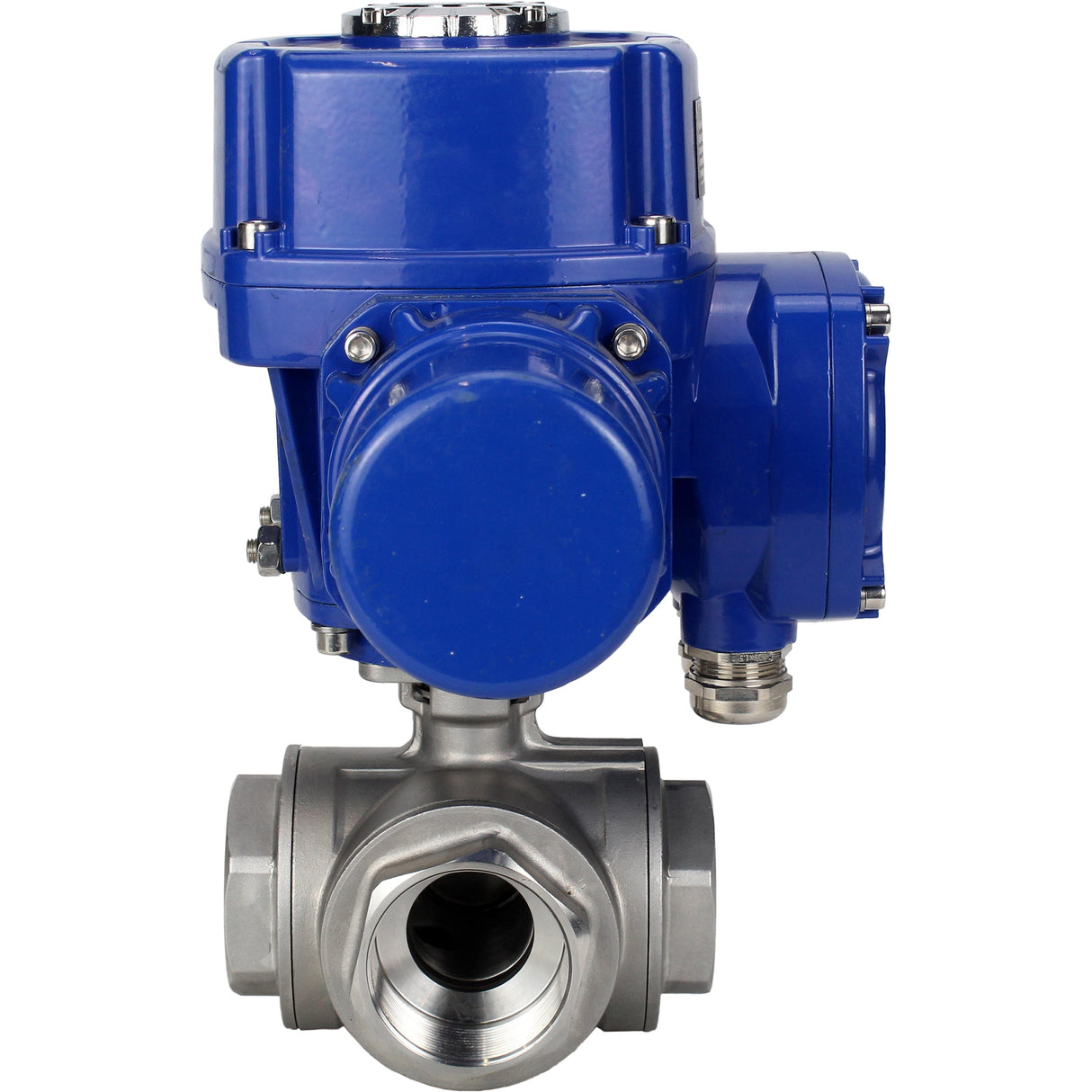 Stainless steel ball valve Elephant RP.SS316.200.MM.ISO 63 bar threaded, standard port, three way, L-type, body material - stainless steel AISI 316, with quater-turn electric actuator Elephant QT-W (M) 380V