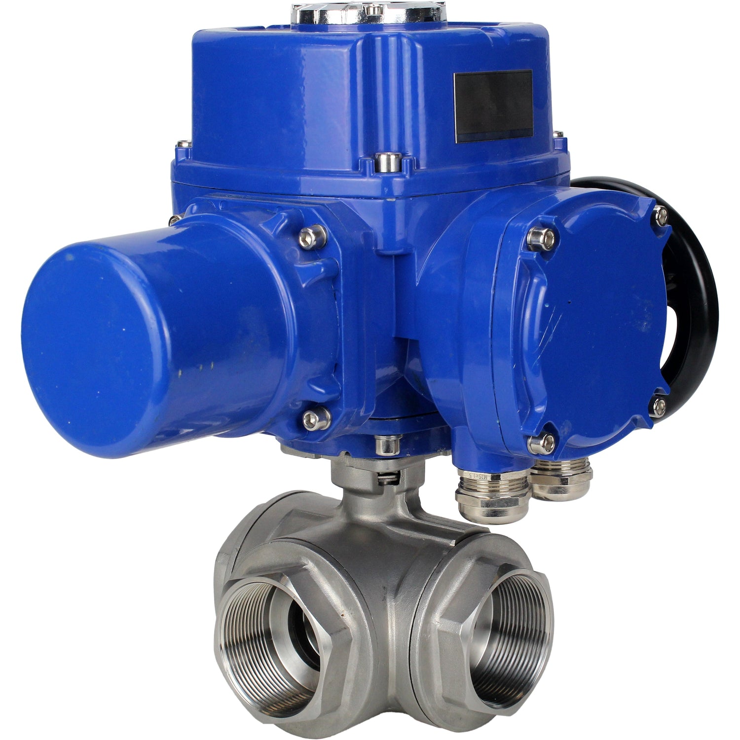 Stainless steel ball valve Elephant RP.SS316.200.MM.ISO 63 bar threaded, standard port, three way, L-type, body material - stainless steel AISI 316, with quater-turn electric actuator Elephant QT-W (M) 220V