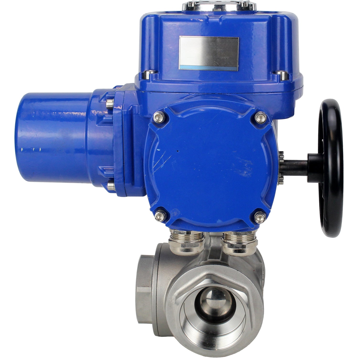 Stainless steel ball valve Elephant RP.SS316.200.MM.ISO 63 bar threaded, standard port, three way, L-type, body material - stainless steel AISI 316, with quater-turn electric actuator Elephant QT-W (M) 380V