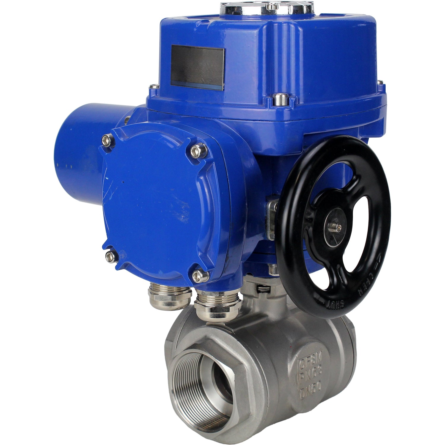 Stainless steel ball valve Elephant RP.SS316.200.MM.ISO 63 bar threaded, standard port, three way, L-type, body material - stainless steel AISI 316, with quater-turn electric actuator Elephant QT-W (M) 220V