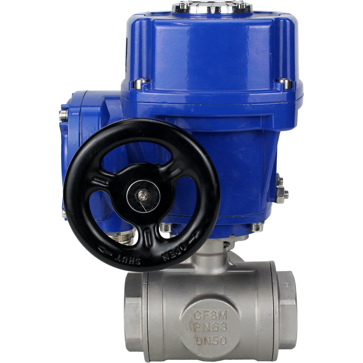 Stainless steel ball valve Elephant RP.SS316.200.MM.ISO 63 bar threaded, standard port, three way, L-type, body material - stainless steel AISI 316, with quater-turn electric actuator Elephant QT-W (M) 220V