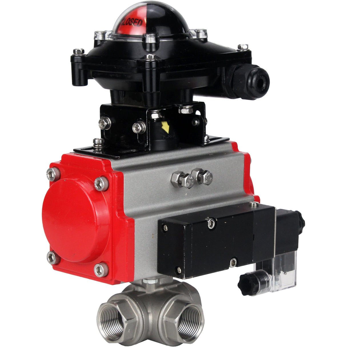 Stainless steel ball valve Elephant 3h-l-rpss316200mm-iso-pnevpr-sa-rasp-24v-lsu, body material - stainless steel AISI 316, ball material - stainless steel AISI 316, seal - PTFE, pneumatic actuator operated