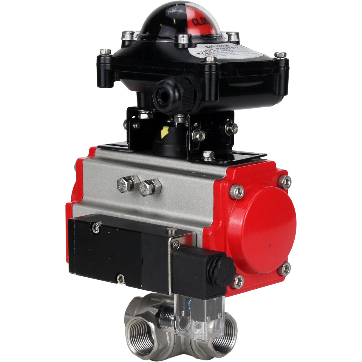 Stainless steel ball valve Elephant 3h-l-rpss316200mm-iso-pnevpr-sa-rasp-24v-lsu, body material - stainless steel AISI 316, ball material - stainless steel AISI 316, seal - PTFE, pneumatic actuator operated