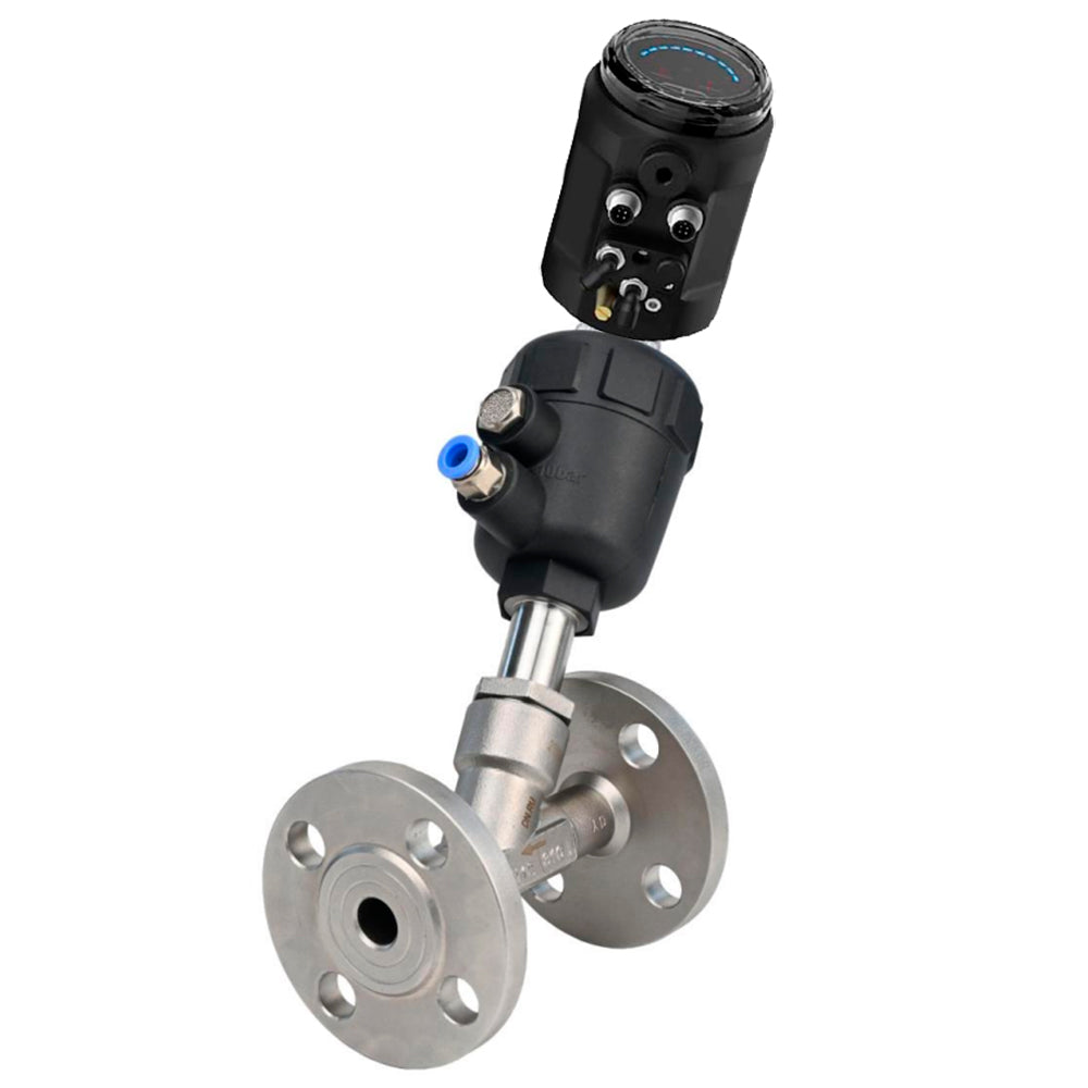 Pneumatic shut-off valves Elephant VSP324PV-F-1PNC, body - stainless steel SS316, flanged, Y-shaped, with electropneumatic intelligent positioner EIP-1500 (stroke 5-25mm)