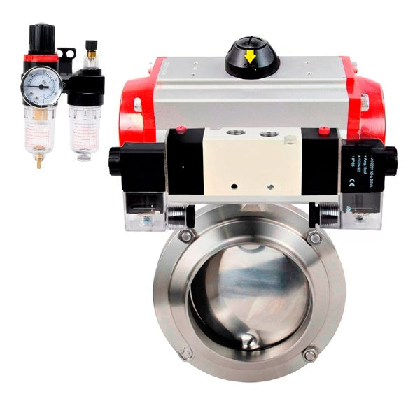 Water Butterfly valves Elephant WBV3131E-2W-W-H, body material - stainless steel AISI 304, seal - EPDM, with pneumatic actuator PA-DA-052 double action, 4V320-10 220V, ATU AFC2000