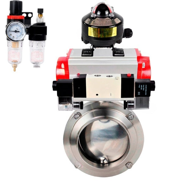 Water Butterfly valves Elephant WBV3131S-2W-W-H, body material - stainless steel AISI 304, seal - Silicon, with pneumatic actuator PA-DA-052 double action, 4V320-10 220V, LSU APL-510N EX, ATU AFC2000