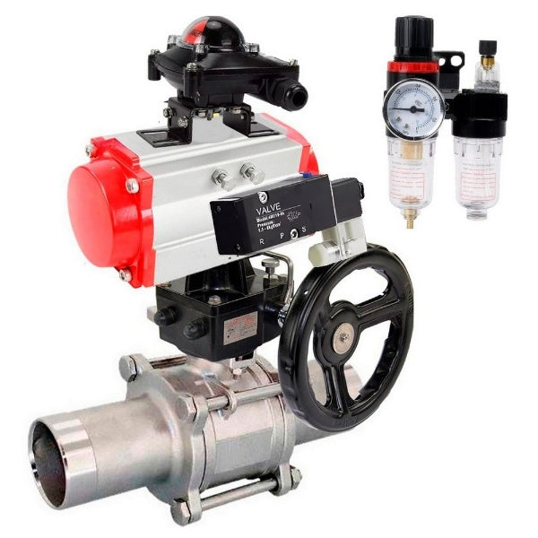 Ball valves Elephant BV3131P(3pc)-FP-W-ISO-H LONG, body material - Stainless steel AISI 304, seal - PTFE / PTFE / Teflon, with pneumatic actuator double action PA-DA, 4V320-10 220V, LSU APL-210N, handwheel MON, ATU AFC2000