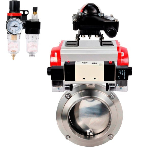 Water Butterfly valves Elephant WBV3131E-2W-W-H, body material - stainless steel AISI 304, seal - EPDM, with pneumatic actuator PA-SA, pneumatic distributor 4V320-10 220V, LSU APL-210N, ATU AFC2000