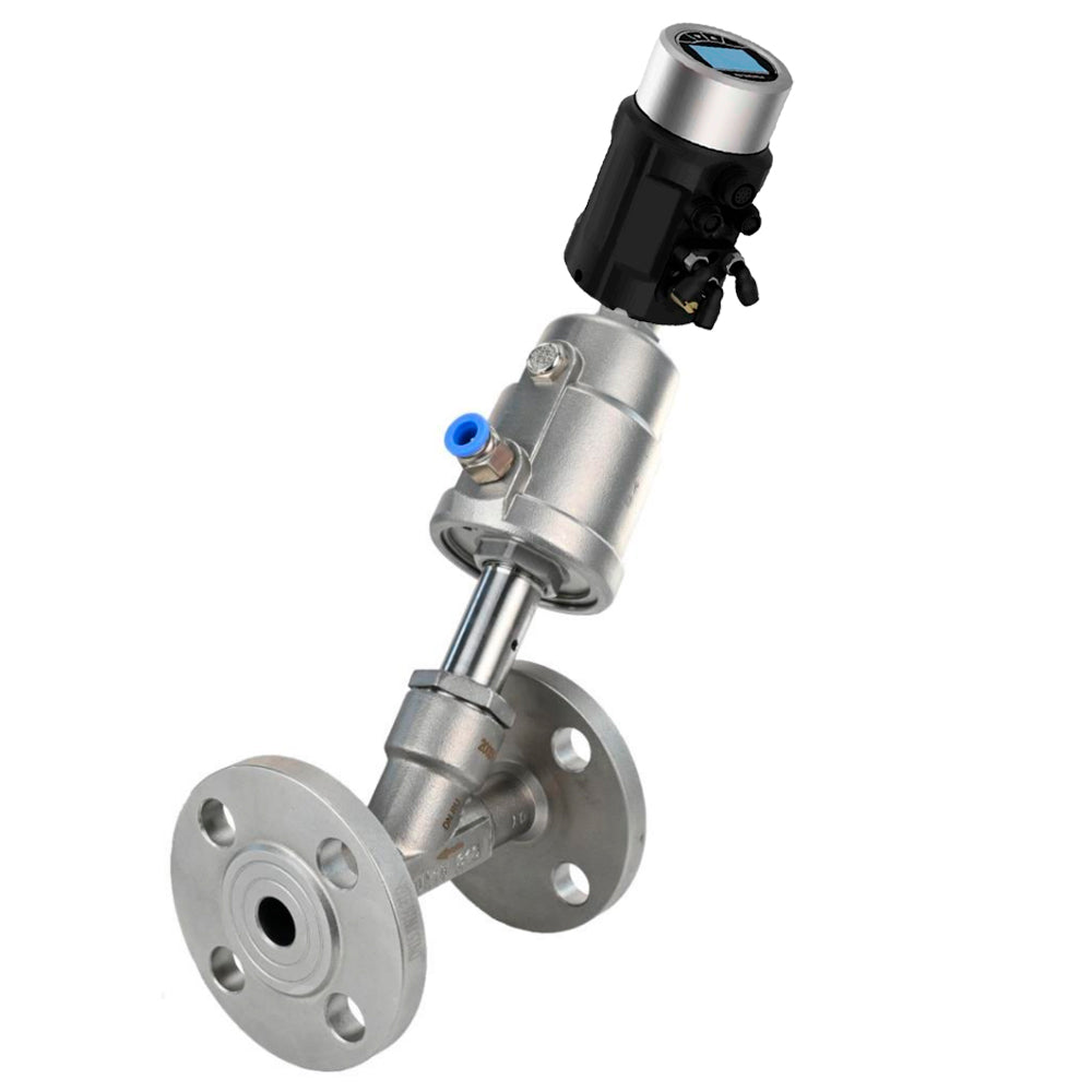 Pneumatic shut-off valves Elephant VSP3232PV-F-1PNC, body - stainless steel SS316, flanged, Y-shaped, with electropneumatic intelligent positioner EIP-1600 (stroke 5-25mm)