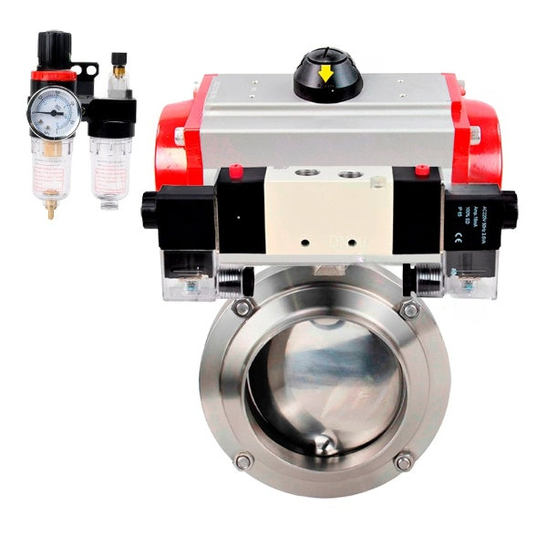 Water Butterfly valves Elephant WBV3131E-2W-W-H, body material - stainless steel AISI 304, seal - EPDM, with pneumatic actuator PA-DA, pneumatic distributor 4V320-10 220V, ATU AFC2000