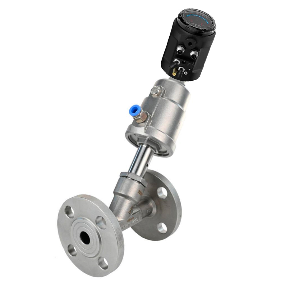 Pneumatic shut-off valves Elephant VSP3232PV-F-1PNC, body - stainless steel SS316, flanged, Y-shaped, with electropneumatic intelligent positioner EIP-1500 (stroke 5-25mm)