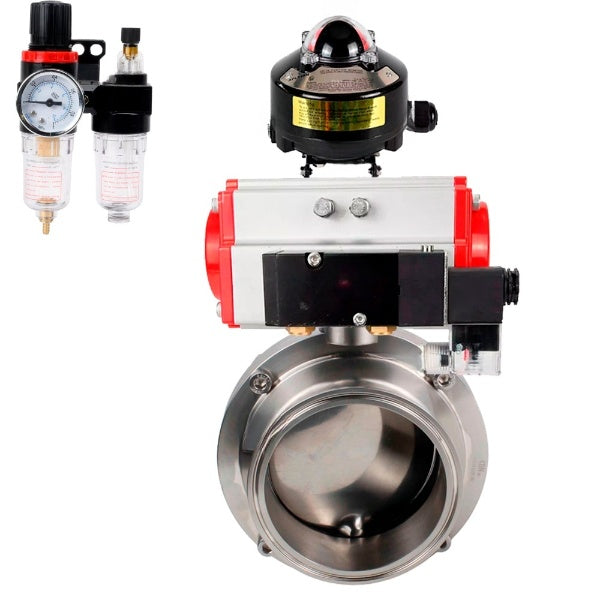 Water Butterfly valves Elephant WBV3131E-2W-C-H, body material - stainless steel AISI 304, seal - EPDM, with pneumatic actuator PA-SA, pneumatic distributor 4M310-08 220V, LSU APL-510N EX, ATU AFC2000