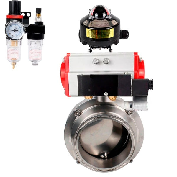 Water Butterfly valves Elephant WBV3131E-2W-T-H, body material - stainless steel AISI 304, seal - EPDM, with pneumatic actuator PA-DA-052 double action, 4M310-08 NAMUR 220V, LSU APL-510N EX, ATU AFC2000