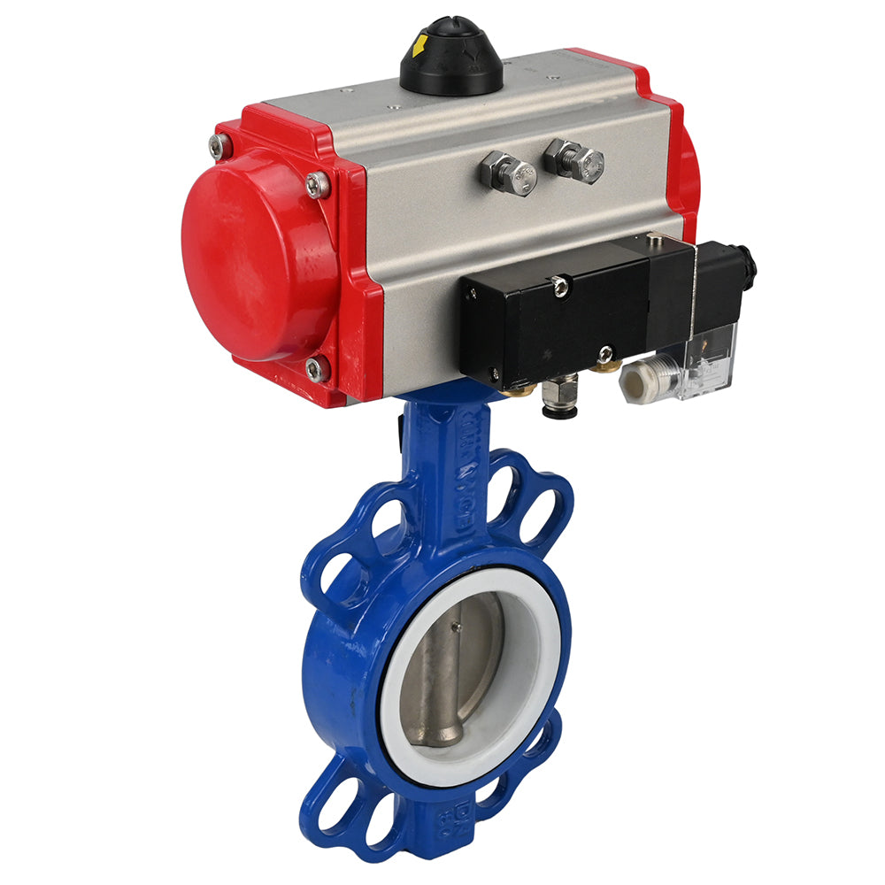 Water Butterfly Valve Elephant st-316l-ptfe-sa-4m310-24v, body material - carbon steel WCB, disk material - stainless steel AISI 316L, seal - PTFE, pneumatic actuator operated