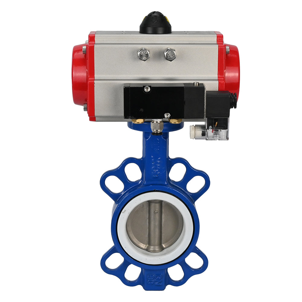 Water Butterfly Valve Elephant st-316l-ptfe-sa-4m310-24v, body material - carbon steel WCB, disk material - stainless steel AISI 316L, seal - PTFE, pneumatic actuator operated