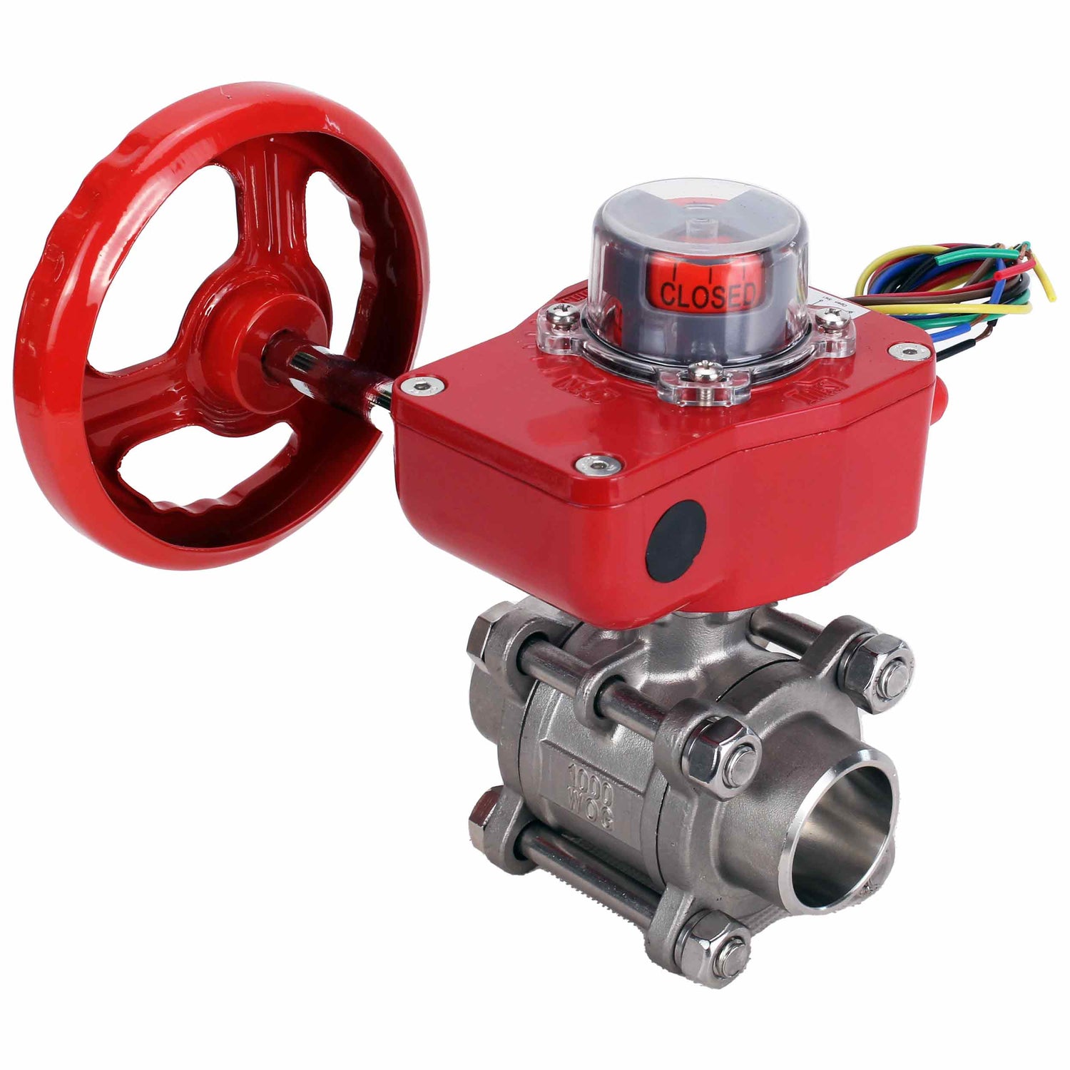 Stainless steel ball valve Elephant BVPP 316.200-ISO 63 bar for welding, full port, body material - stainless steel AISI 316, with ISO flange and gearbox Elephant GBBF with position indicator and feedback sensor