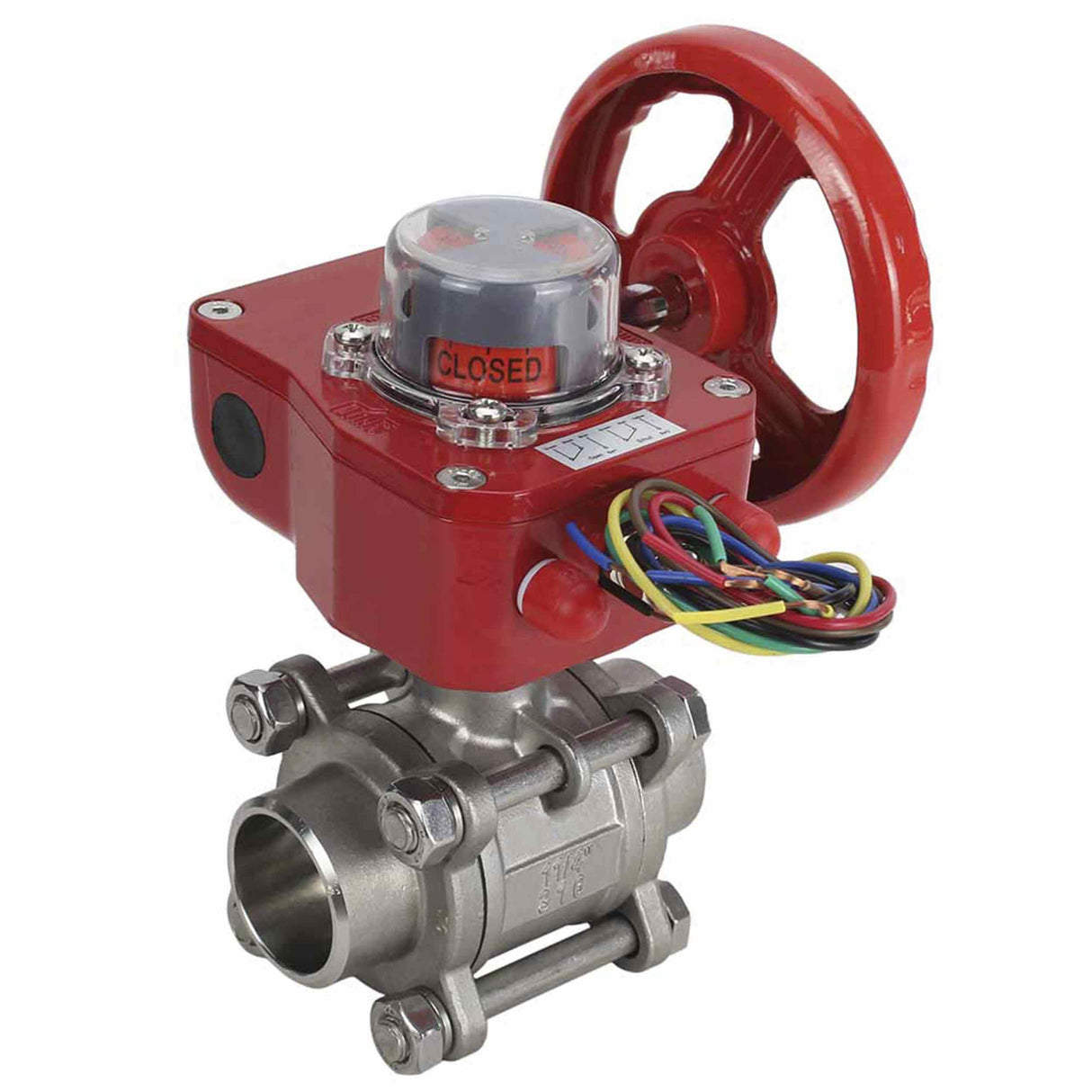 Stainless steel ball valve Elephant BVPP 316.200-ISO 63 bar for welding, full port, body material - stainless steel AISI 316, with ISO flange and gearbox Elephant GBBF with position indicator and feedback sensor