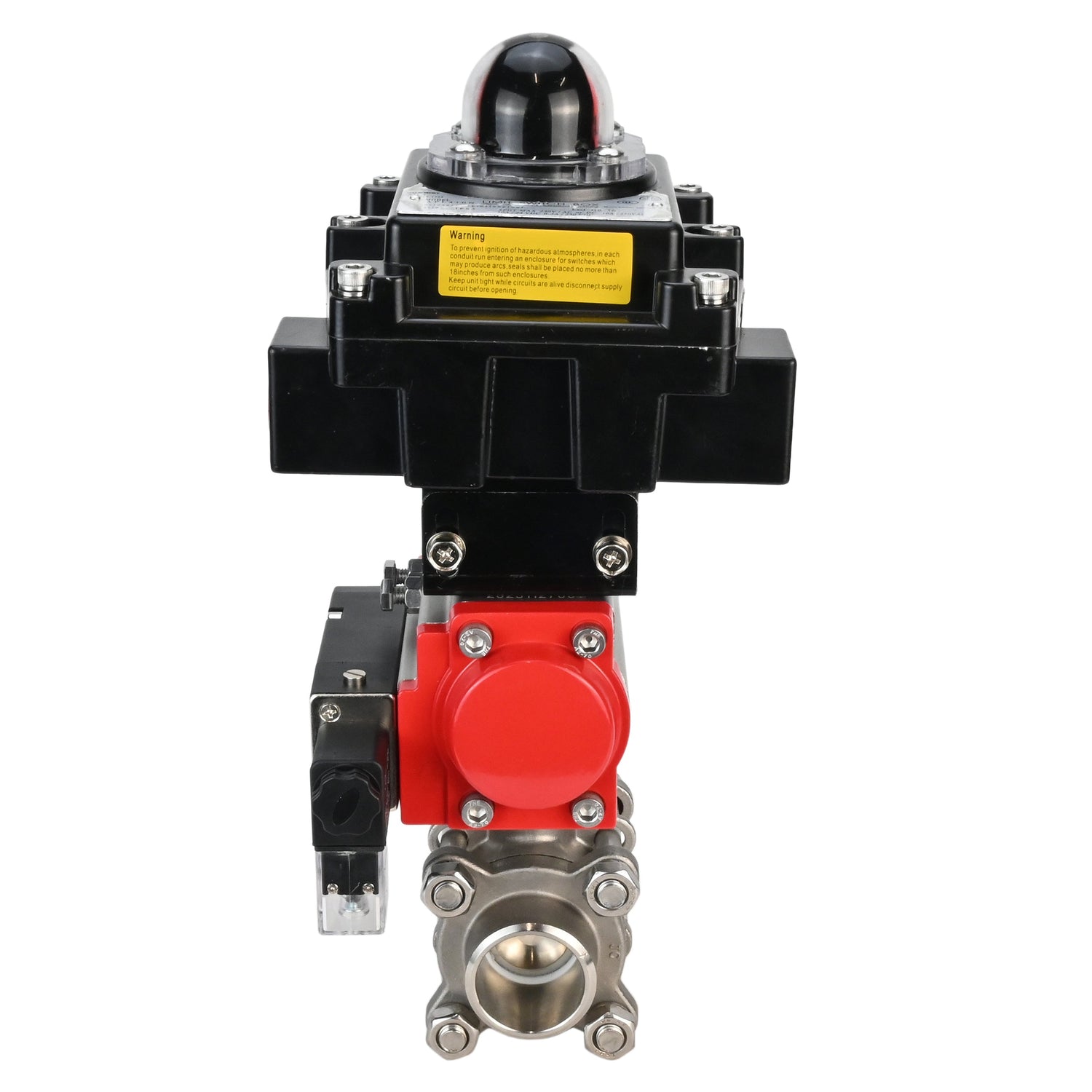 Stainless steel ball valve Elephant BVPP 316,200-ISO 63 bar SS316 full port, for welding, body material - stainless steel, pneumatic actuator Elephant DA, pneumatic distributor 4M310-08 NAMUR  220 V, limit switch block APL-410N EX