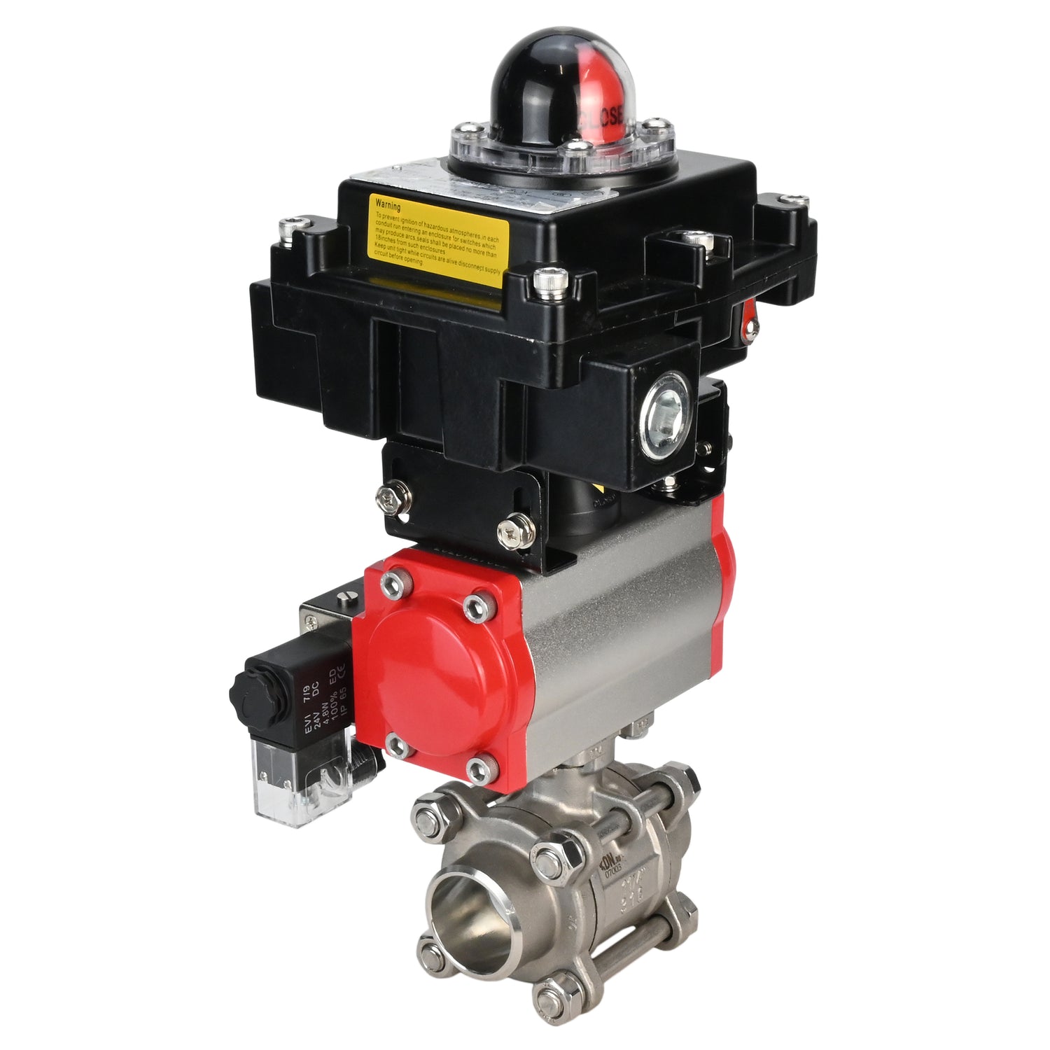 Stainless steel ball valve Elephant BVPP 316,200-ISO 63 bar SS316 full port, for welding, body material - stainless steel, pneumatic actuator Elephant SA, pneumatic distributor 4M310-08 NAMUR  220 V, limit switch block APL-410N EX