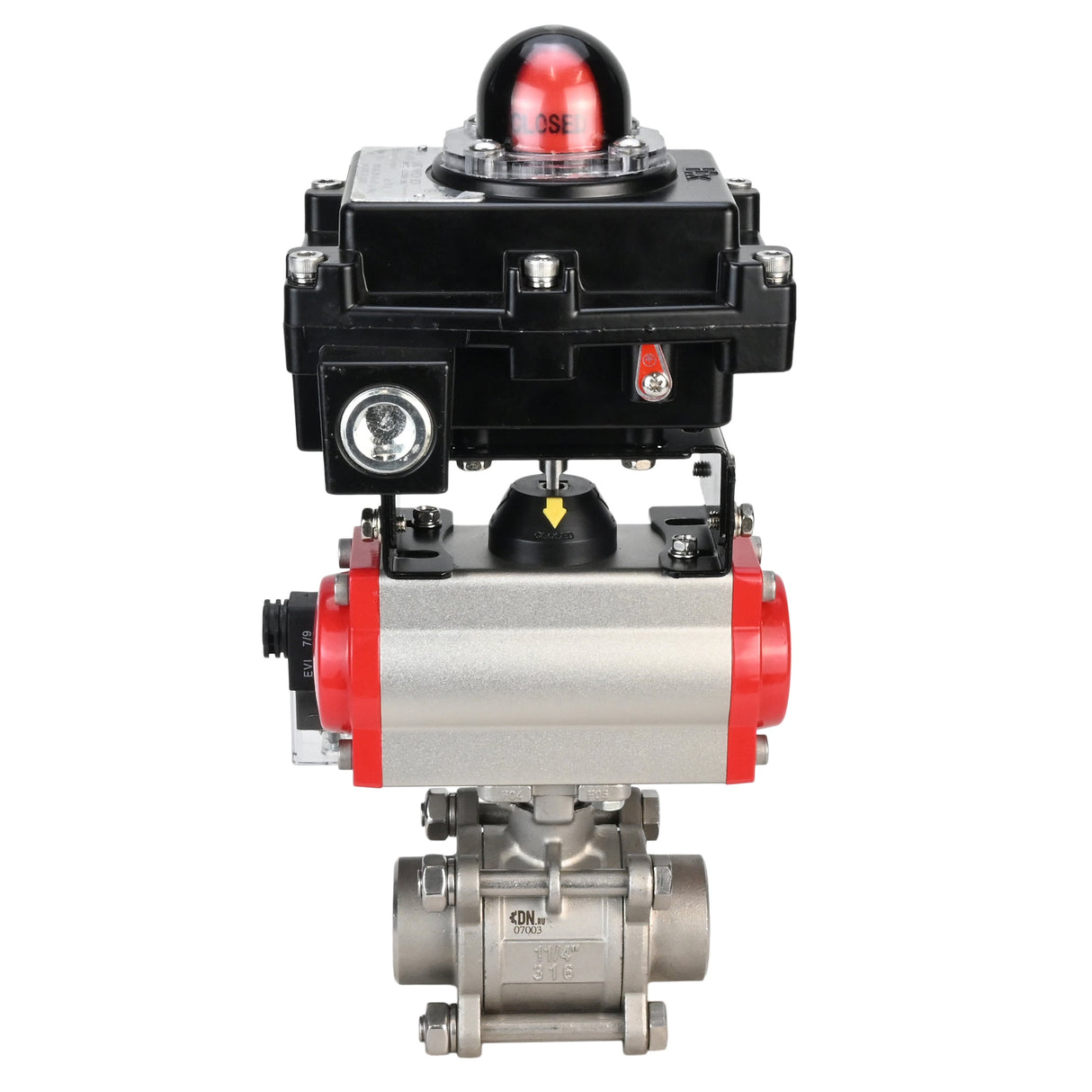 Stainless steel ball valve Elephant BVPP 316,200-ISO 63 bar SS316 full port, for welding, body material - stainless steel, pneumatic actuator Elephant DA, pneumatic distributor 4M310-08 NAMUR  220 V, limit switch block APL-410N EX