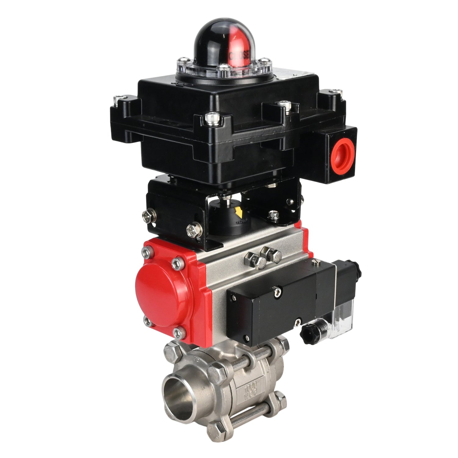 Stainless steel ball valve Elephant BVPP 316,200-ISO 63 bar SS316 full port, for welding, body material - stainless steel, pneumatic actuator Elephant DA, pneumatic distributor 4M310-08 NAMUR  220 V, limit switch block APL-410N EX