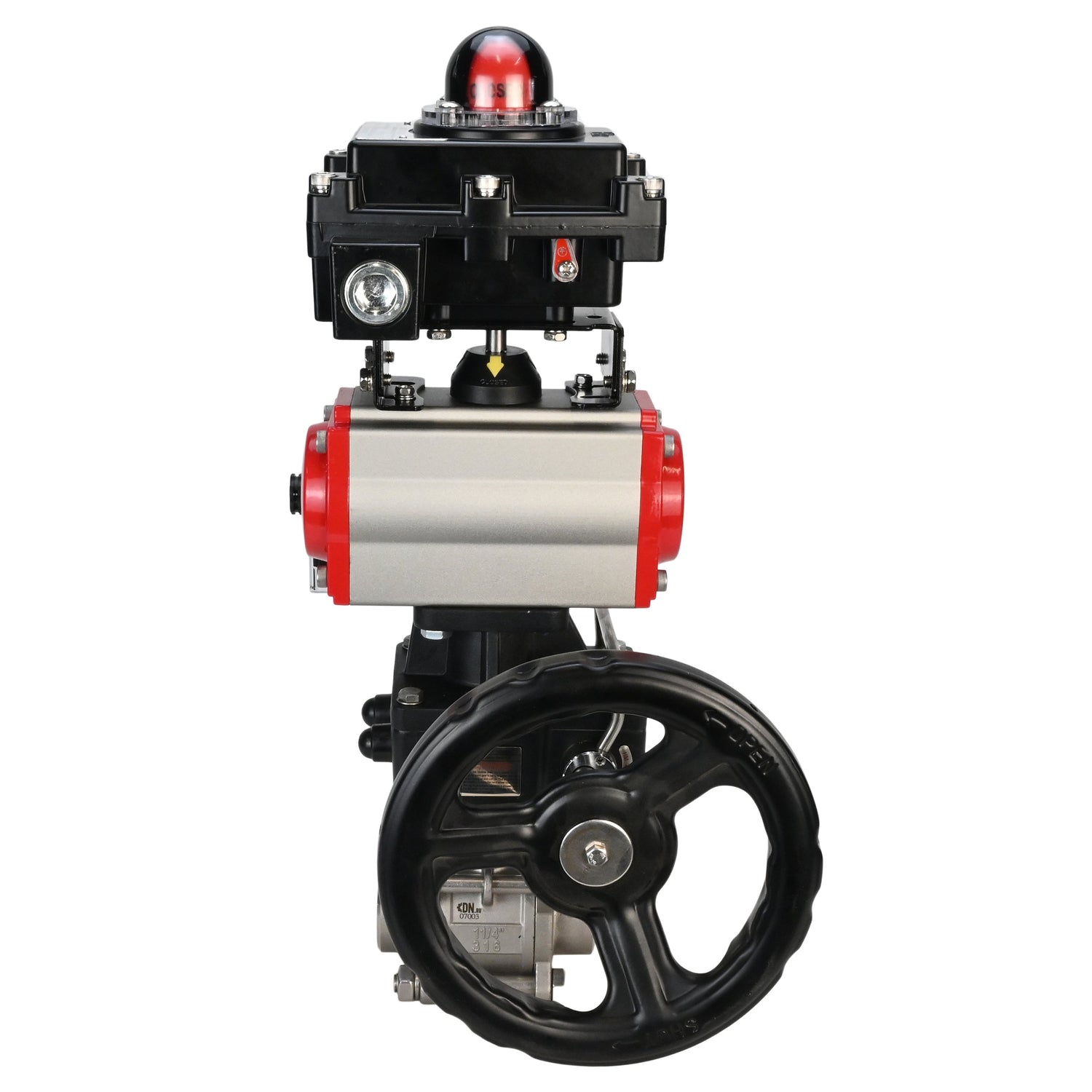 Stainless steel ball valve Elephant BVPP 316,200-ISO 63 bar SS316 full port, for welding, body material - stainless steel, pneumatic actuator Elephant DA, pneumatic distributor 4M310-08 NAMUR  24 V, limit switch block APL-410N EX, manual override HDM