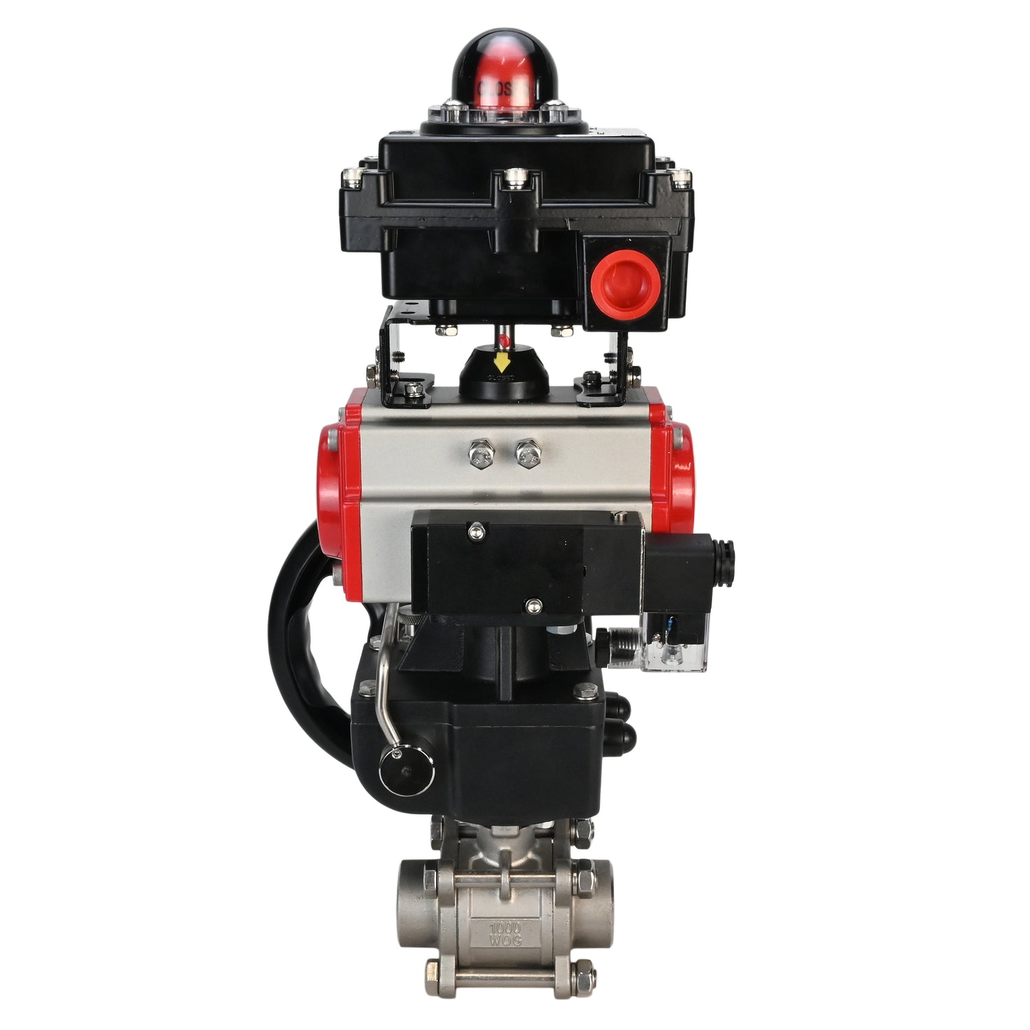 Stainless steel ball valve Elephant BVPP 316,200-ISO 63 bar SS316 full port, for welding, body material - stainless steel, pneumatic actuator Elephant DA, pneumatic distributor 4M310-08 NAMUR  220 V, limit switch block APL-410N EX, manual override HDM