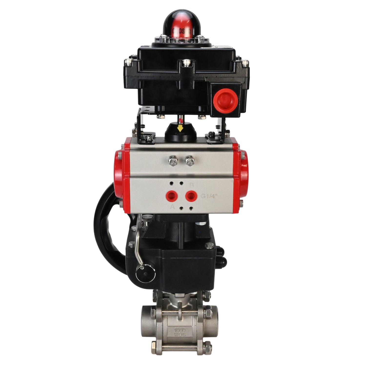 Stainless steel ball valve Elephant BVPP 316,200-ISO 63 bar SS316 full port, for welding, body material - stainless steel, pneumatic actuator Elephant DA, limit switch block APL-410N EX, manual override HDM