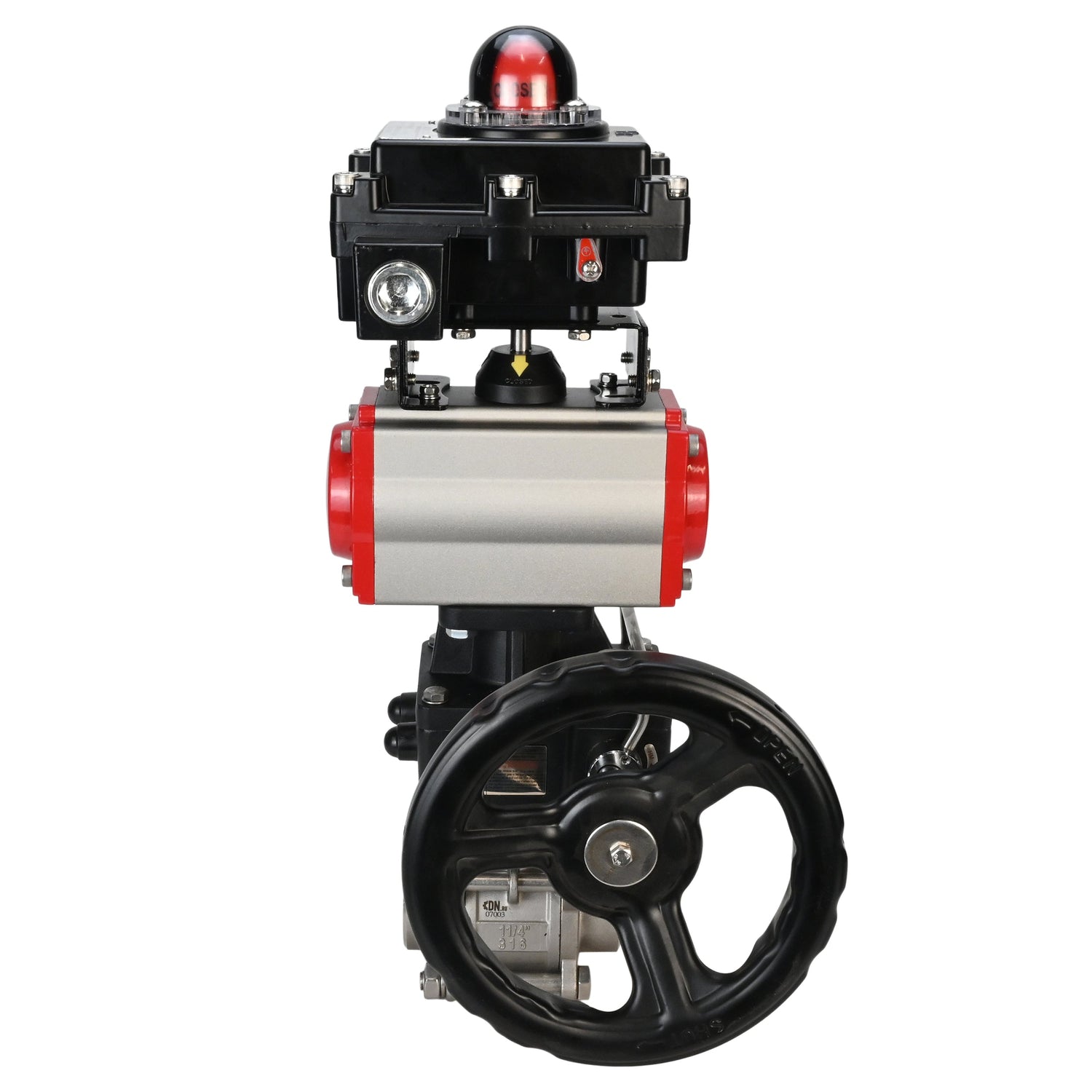 Stainless steel ball valve Elephant BVPP 316,200-ISO 63 bar SS316 full port, for welding, body material - stainless steel, pneumatic actuator Elephant DA, limit switch block APL-410N EX, manual override HDM