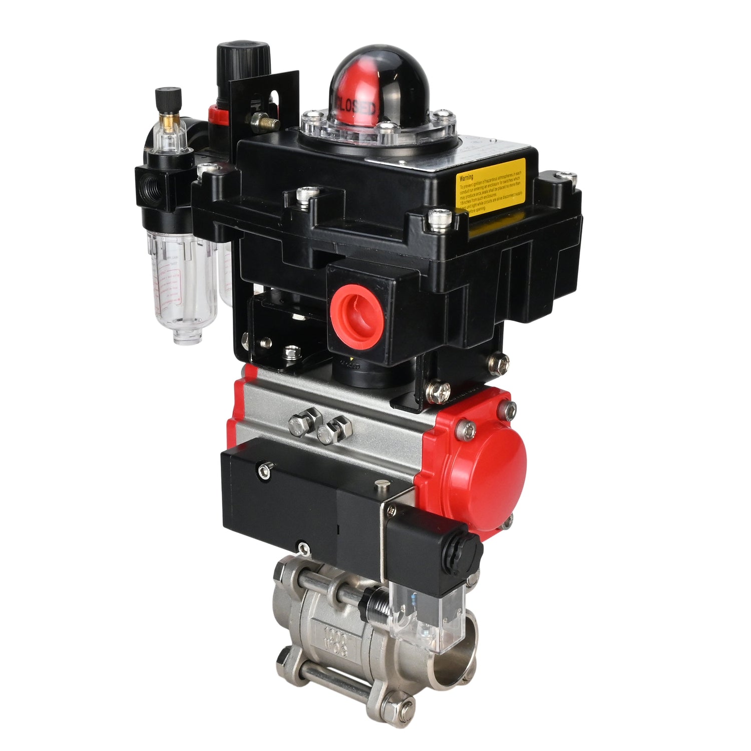 Stainless steel ball valve Elephant BVPP 316,200-ISO 63 bar SS316 full port, for welding, body material - stainless steel, pneumatic actuator Elephant DA, pneumatic distributor 4M310-08 24 V, limit switch block APL-410N EX, air preparation unit AFC2000
