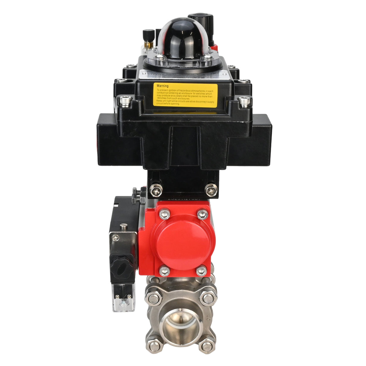 Stainless steel ball valve Elephant BVPP 316,200-ISO 63 bar SS316 full port, for welding, body material - stainless steel, pneumatic actuator Elephant SA, pneumatic distributor 4M310-08 220 V, limit switch block APL-410N EX, air preparation unit AFC2000