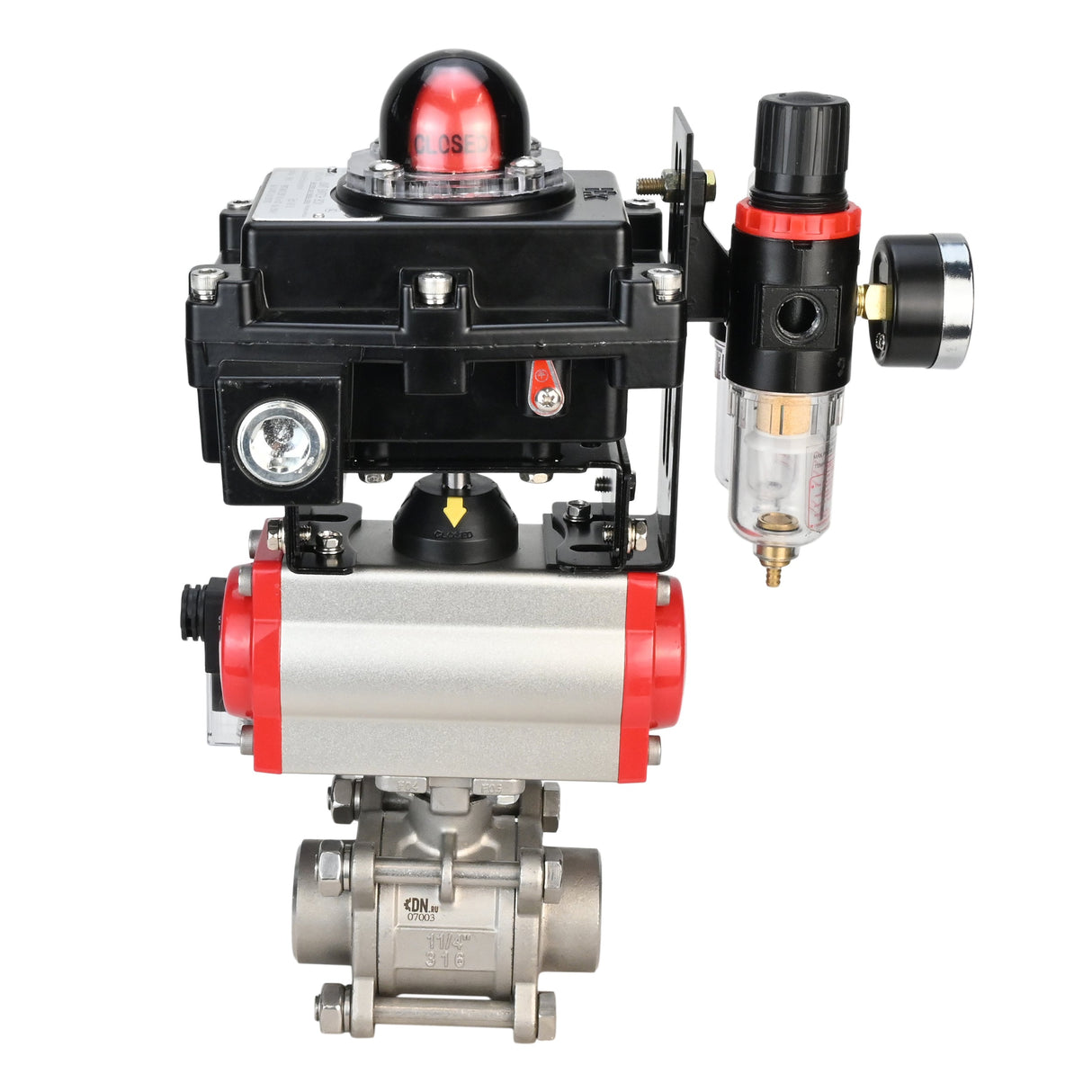 Stainless steel ball valve Elephant BVPP 316,200-ISO 63 bar SS316 full port, for welding, body material - stainless steel, pneumatic actuator Elephant DA, pneumatic distributor 4M310-08 24 V, limit switch block APL-410N EX, air preparation unit AFC2000