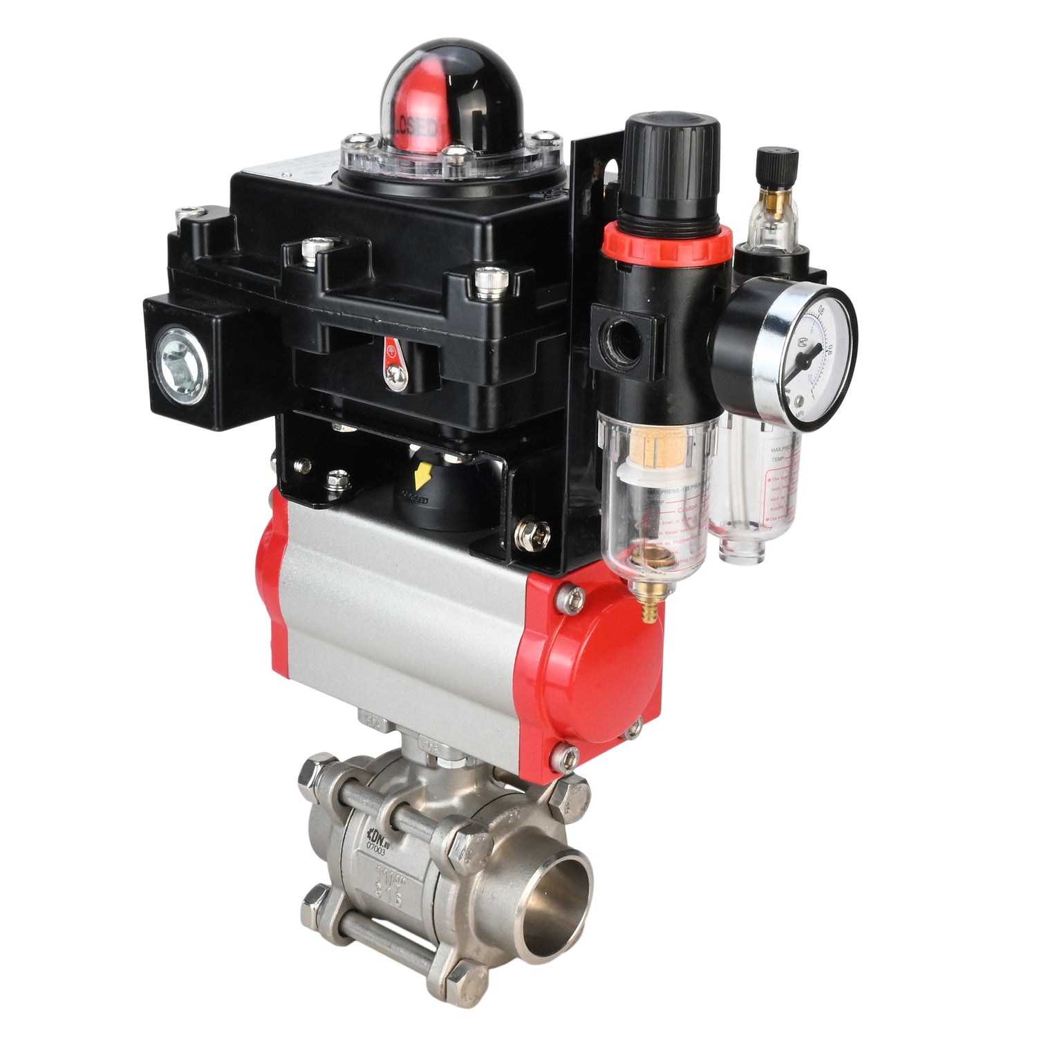 Stainless steel ball valve Elephant BVPP 316,200-ISO 63 bar SS316 full port, for welding, body material - stainless steel, pneumatic actuator Elephant SA, pneumatic distributor 4M310-08 220 V, limit switch block APL-410N EX, air preparation unit AFC2000