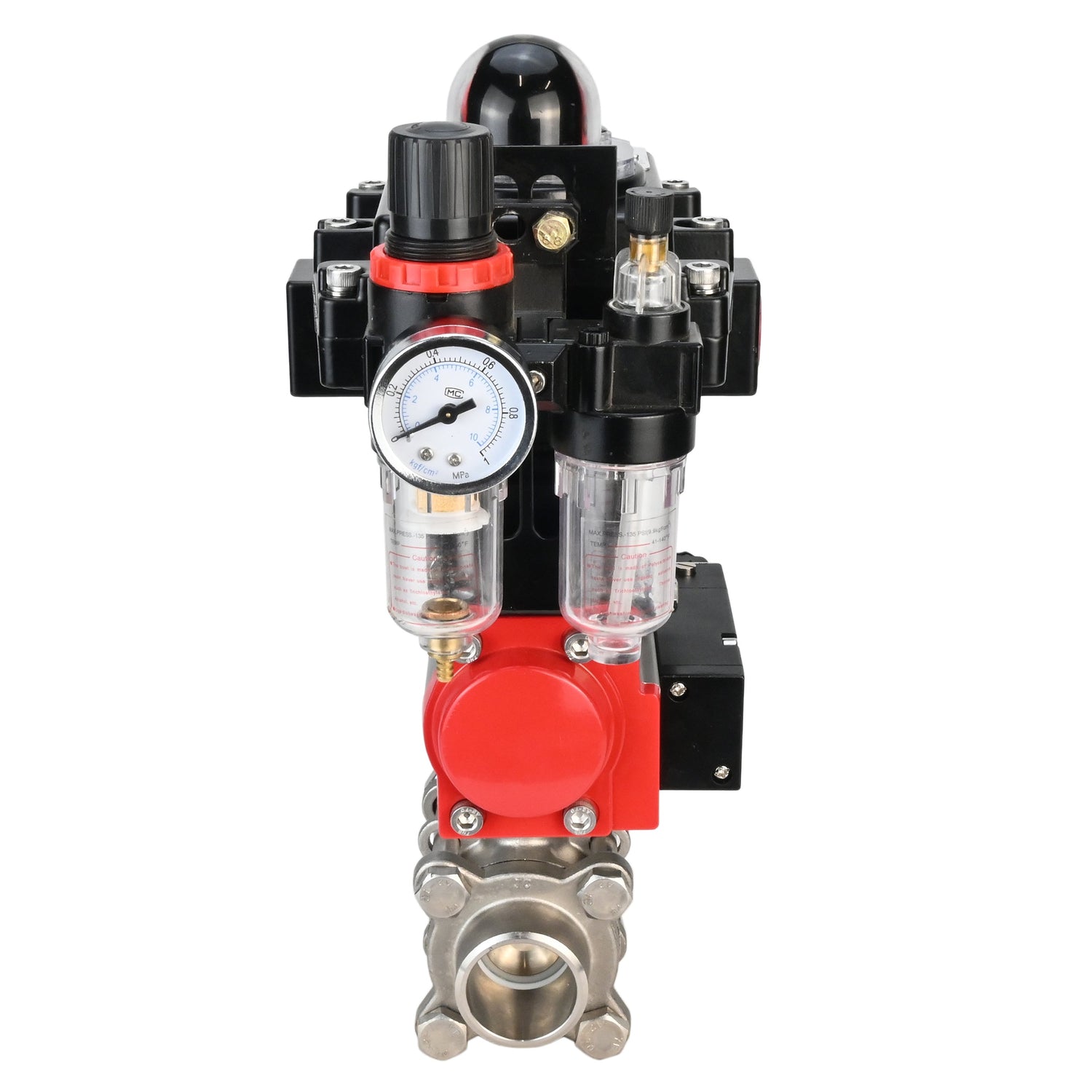 Stainless steel ball valve Elephant BVPP 316,200-ISO 63 bar SS316 full port, for welding, body material - stainless steel, pneumatic actuator Elephant SA, pneumatic distributor 4M310-08 220 V, limit switch block APL-410N EX, air preparation unit AFC2000