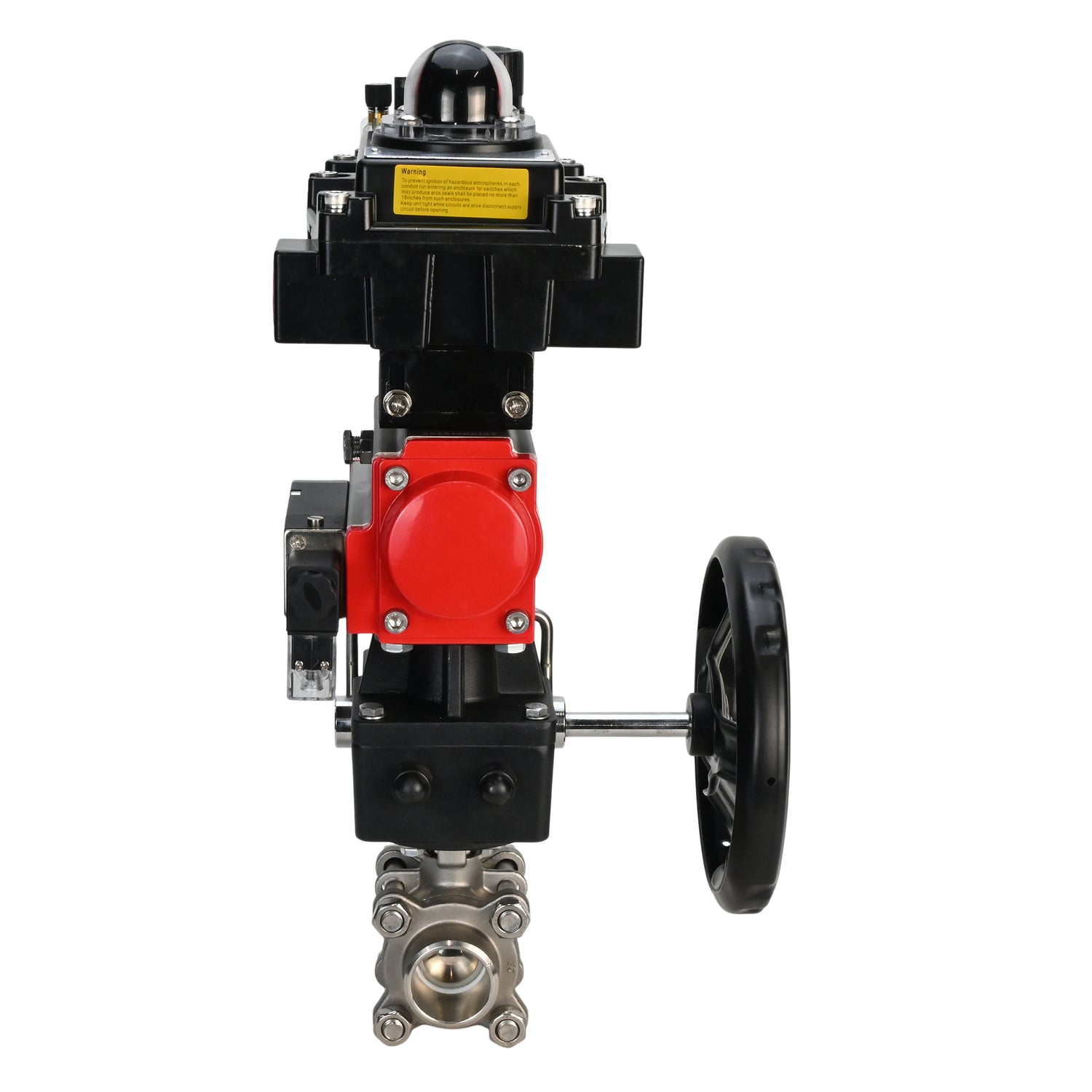 Stainless steel ball valve Elephant BVPP 316,200-ISO 63 bar SS316 full port, for welding, body material - stainless steel, pneumatic actuator Elephant DA, pneumatic distributor 4M310-08 NAMUR  24 V, limit switch block APL-410N EX, manual override HDM, air