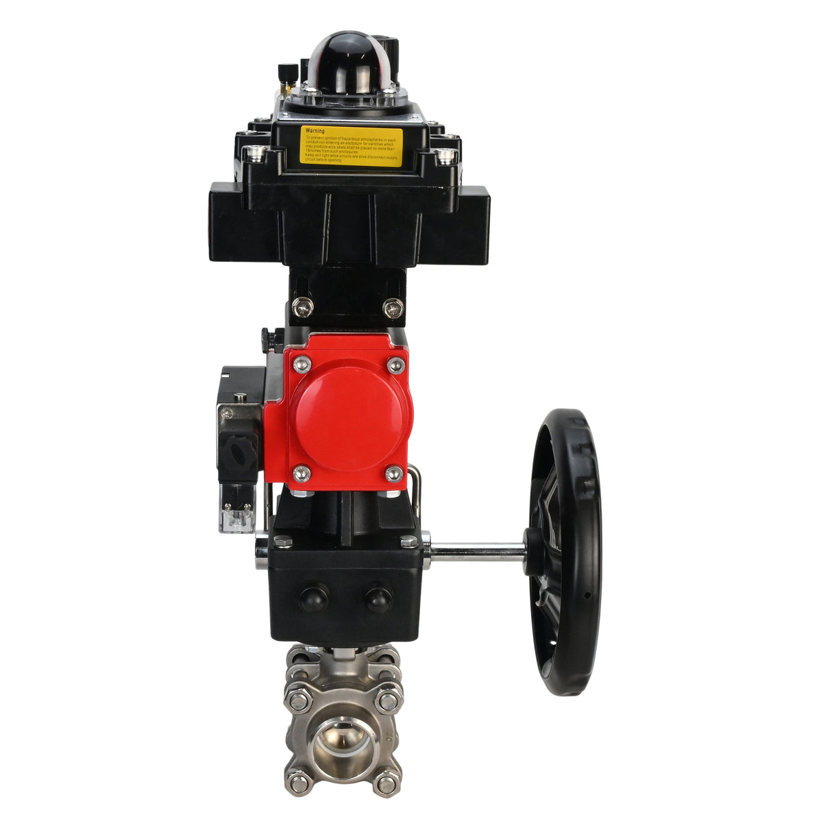 Stainless steel ball valve Elephant BVPP 316,200-ISO 63 bar SS316 full port, for welding, body material - stainless steel, pneumatic actuator Elephant DA, pneumatic distributor 4M310-08 220 V, limit switch block APL-410N EX, manual override HDM, air