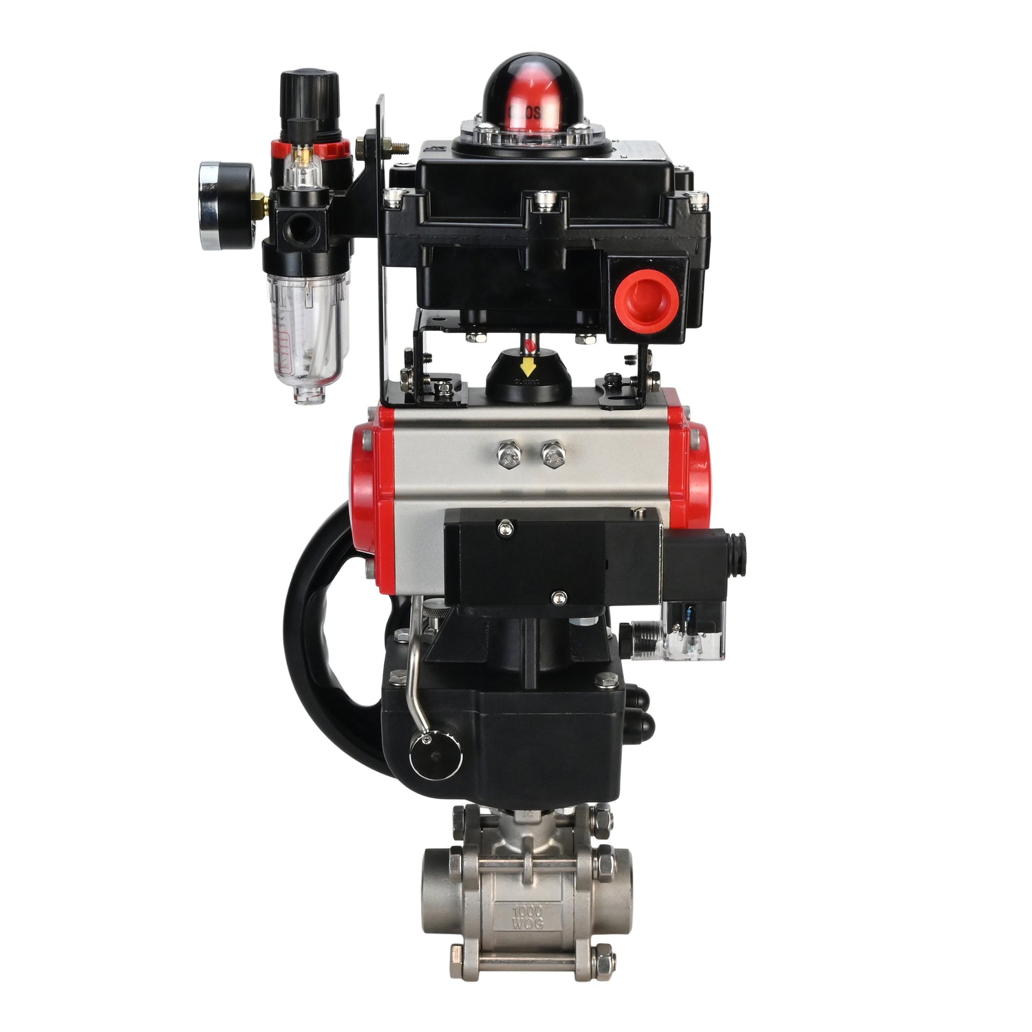 Stainless steel ball valve Elephant BVPP 316,200-ISO 63 bar SS316 full port, for welding, body material - stainless steel, pneumatic actuator Elephant DA, pneumatic distributor 4M310-08 NAMUR  24 V, limit switch block APL-410N EX, manual override HDM, air