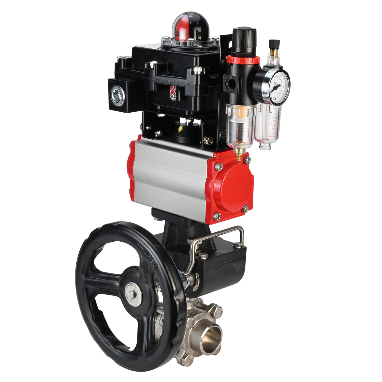 Stainless steel ball valve Elephant BVPP 316,200-ISO 63 bar SS316 full port, for welding, body material - stainless steel, pneumatic actuator Elephant DA, pneumatic distributor 4M310-08 NAMUR  24 V, limit switch block APL-410N EX, manual override HDM, air