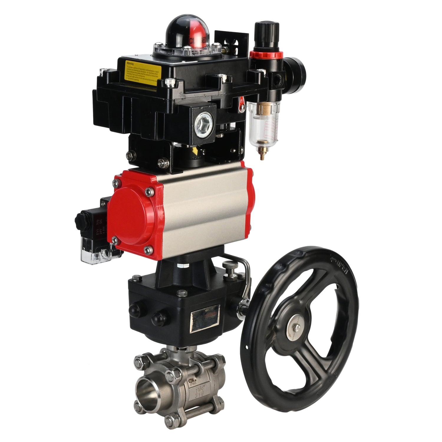 Stainless steel ball valve Elephant BVPP 316,200-ISO 63 bar SS316 full port, for welding, body material - stainless steel, pneumatic actuator Elephant DA, pneumatic distributor 4M310-08 NAMUR  24 V, limit switch block APL-410N EX, manual override HDM, air