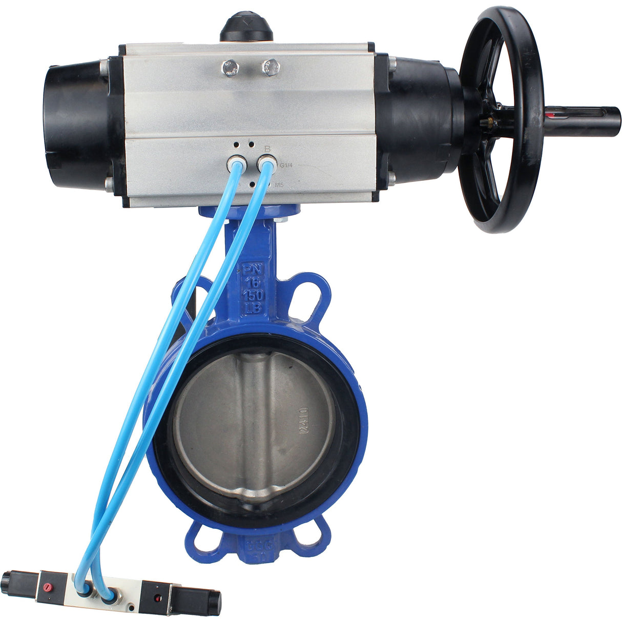 Water Butterfly Valve Elephant WBV1132N-2W-Fb body material - Cast iron GG25/EN-GJL-250, disk material - Stainless steel AISI 316L/1.4404, seal - NBR with pneumatic actuator double acting PA-DA-105-1, pneumatic distributor 4V320-08 220V
