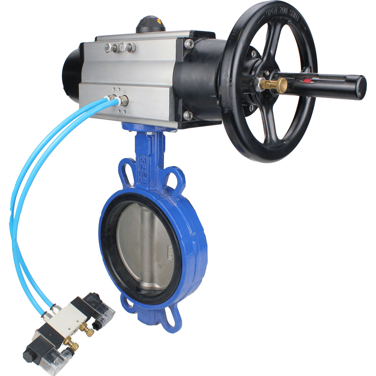 Water Butterfly Valve Elephant WBV1132N-2W-Fb body material - Cast iron GG25/EN-GJL-250, disk material - Stainless steel AISI 316L/1.4404, seal - NBR with pneumatic actuator double acting PA-DA-105-1, pneumatic distributor 4V320-08 220V