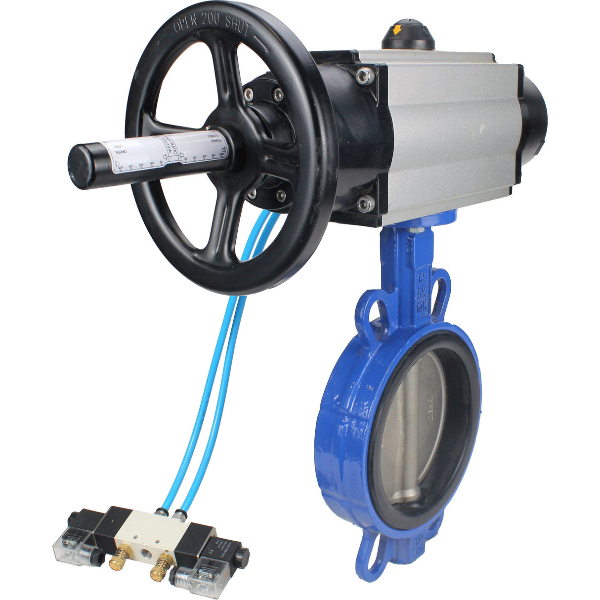 Water Butterfly Valve Elephant WBV1132N-2W-Fb body material - Cast iron GG25/EN-GJL-250, disk material - Stainless steel AISI 316L/1.4404, seal - NBR with pneumatic actuator double acting PA-DA-105-1, pneumatic distributor 4V320-08 220V