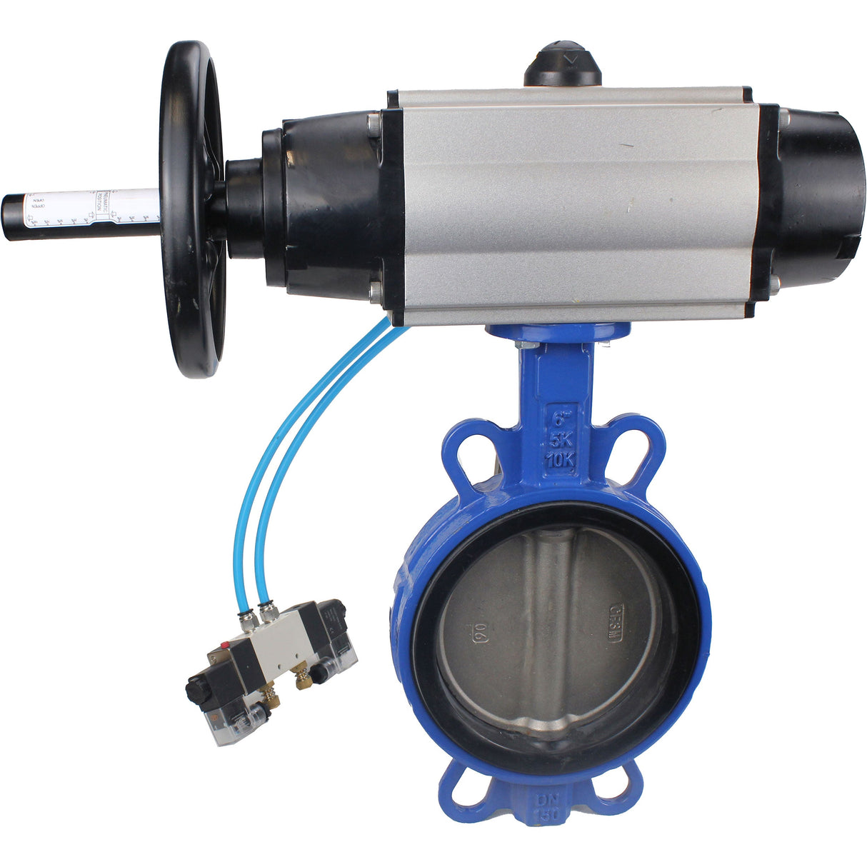Water Butterfly Valve Elephant WBV1132N-2W-Fb body material - Cast iron GG25/EN-GJL-250, disk material - Stainless steel AISI 316L/1.4404, seal - NBR with pneumatic actuator double acting PA-DA-105-1, pneumatic distributor 4V320-08 220V